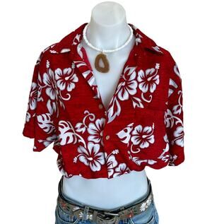 Hawaiian Shirt Button Down Crop Top One Size Boxy Coconutgirl Hibiscus Unique
